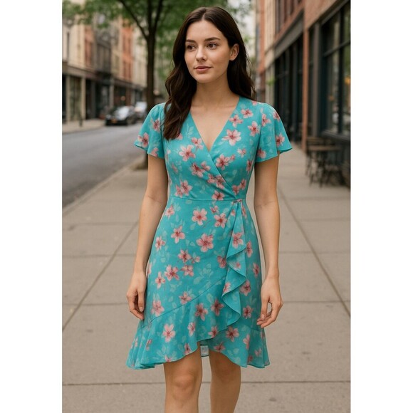 Adrianna Papell Dresses & Skirts - Adrianna Papell Floral Flutter Sleeve Wrap Dress Size 2 Aqua Pink Ruffle Hem